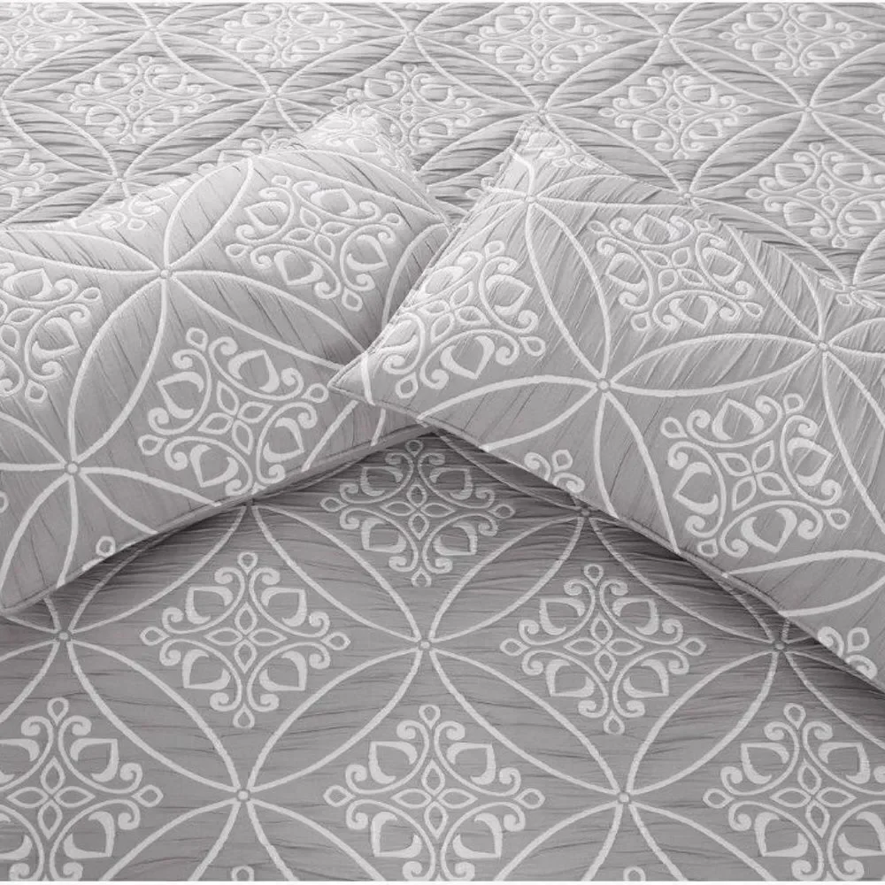 Jacquard Grey Mandala Pattern King Quilt Set Beautiful Farmhouse Cottage Design